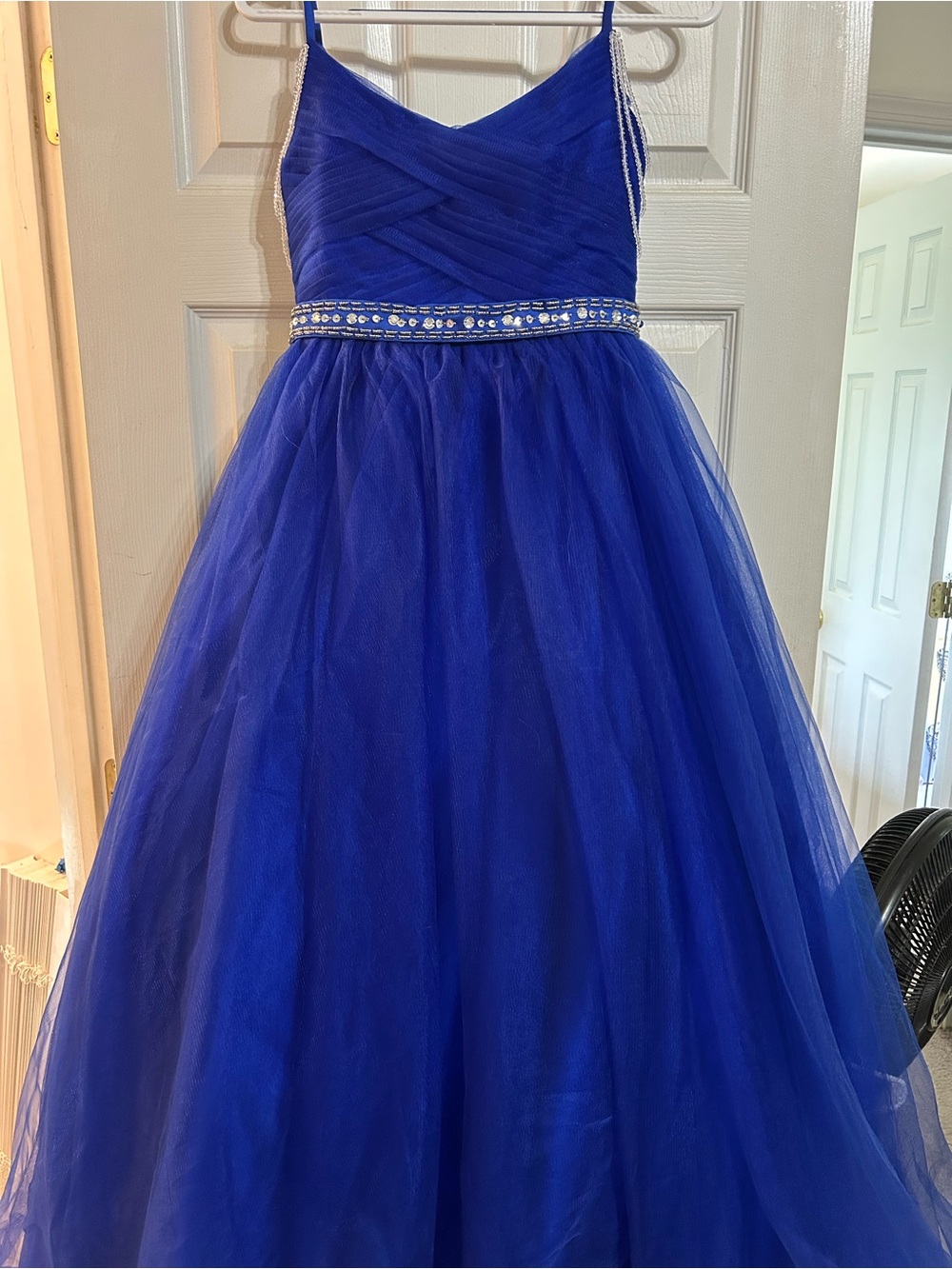 Girls Royal Blue Tulle Ball Gown Dress with Beaded Waist